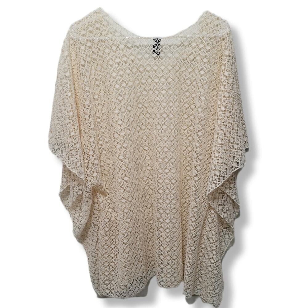Tempo Womens One Size Cream Crochet Boho  Lightweight Overlay Swim Cover Poncho
